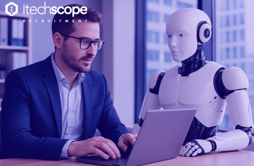 man in business suit doing work on his laptop with a robot by his side helping him