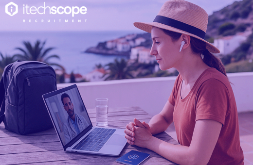 Lady with hat sitting on a balcony with a view of the sea and coastline working on a laptop.