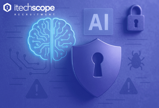 Digital illustration showing a glowing AI brain icon, a shield with a keyhole, and cybersecurity symbols such as a lock, warning icons, and a bug, representing AI-powered cybersecurity. iTechScope Recruitment logo appears in the top left corner.