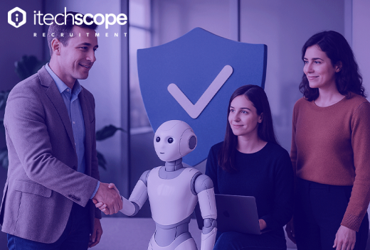 Man shaking the hand of a robot with two women on the side looking at them.