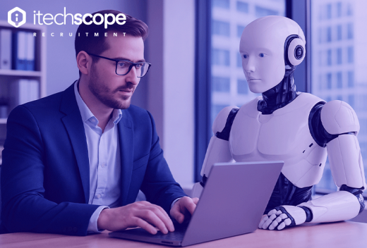 man in business suit doing work on his laptop with a robot by his side helping him