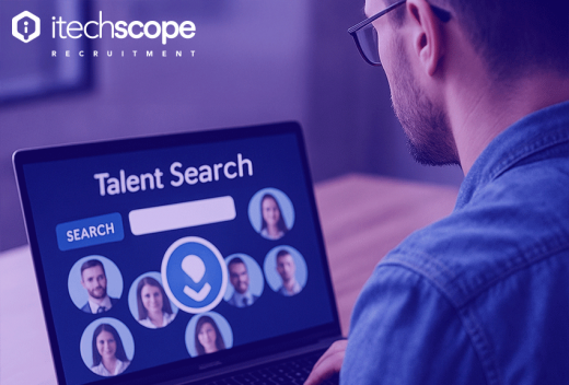 back of person looking for talent on laptop